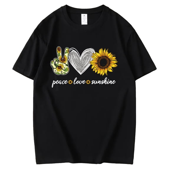 Sunflower Tshirt for Women Peace Love Sunshine Hippie Casual Short Sleeve Tops Black 3X-Large