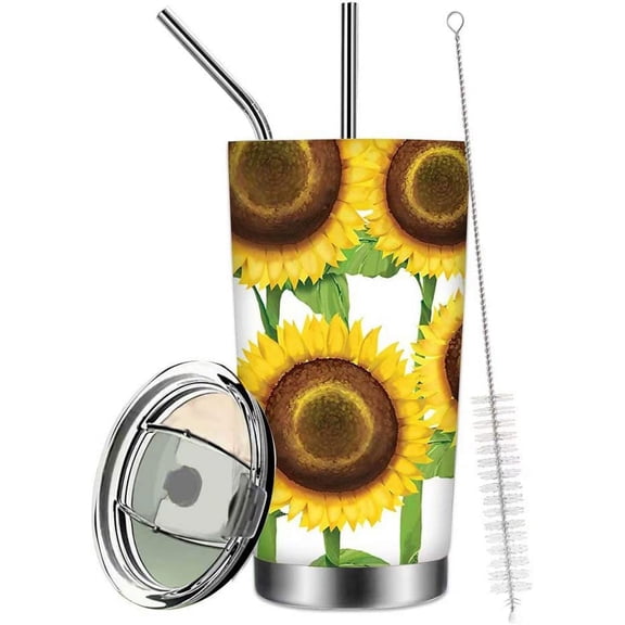 Sunflower Tumbler Cup Cow Double Wall Vacuum Insulated Travel Mug,20oz Stainless Steel Tumblers with Straws for Office, Cow Water Bottle Floral Coffee Cup for Ice Drinks and Hot Beverage
