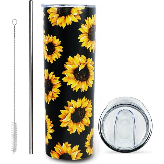 Sunflower Tumbler Cup - Sunflower Gifts for Women - Floral Flower Tumblers with Lid and Straw - 20 Oz Stainless Steel Insulated Sunflower Coffee Mug