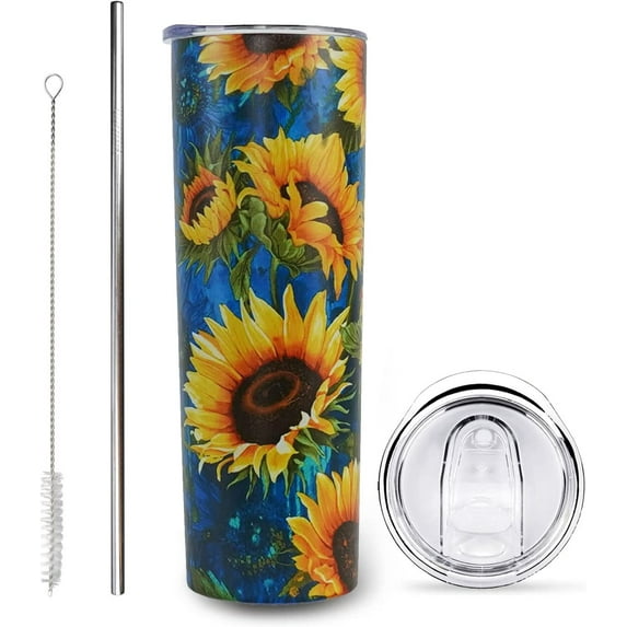 Sunflower Tumbler Cup - Sunflower Gifts for Women - Floral Flower Tumblers with Lid and Straw - 20 Oz Stainless Steel Insulated Water Bottle