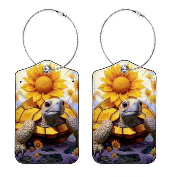 Sunflower Turtle Square PU Leather Luggage Tags - 2 Pack with Privacy Cover and Stainless Steel Ring - Suitable for Travel, Backpack, Handbag - Suitcase Tags, Travel Tag