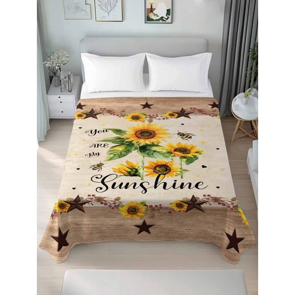 Sunflower Twim Size Flat Sheet, Wrinkleproof & Fadeproof Cooling Flat Bed Sheet Only, Botanical Summer Farmhouse Country Texas Star Breathable Soft Bedding Top Sheets 66 x 96 Inches