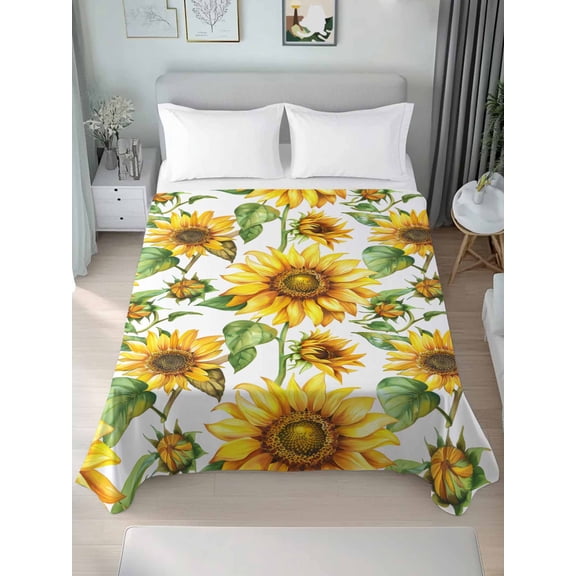 Sunflower Twim Size Flat Sheet, Wrinkleproof & Fadeproof Cooling Flat Bed Sheet Only, Yellow Green Botanical Summer Rustic Breathable Soft Bedding Top Sheets 66 x 96 Inches