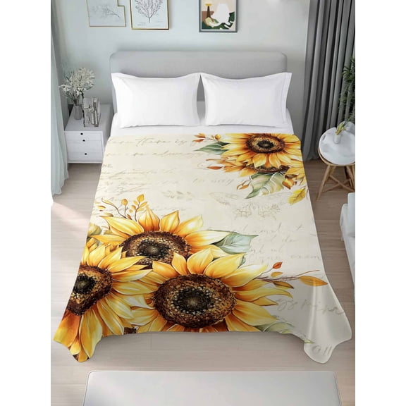 Sunflower Twim Size Flat Sheet, Wrinkleproof & Fadeproof Cooling Flat Bed Sheet Only, Yellow Spring Summer Floral Farmhouse Breathable Soft Bedding Top Sheets 66 x 96 Inches