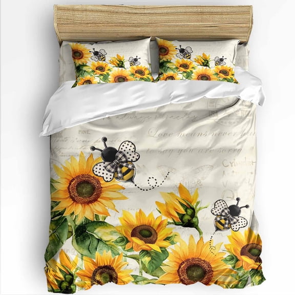 Sunflower Twin Size Comforter Set, Farmhouse Yellow Floral with Bee Retro Beige Soft Bedding for All Seasons, 4 Pcs Bed Set with 1 Comforter (68"x86") ,1Sheet(66"x116"), 2 Pillowcases (19"x29")