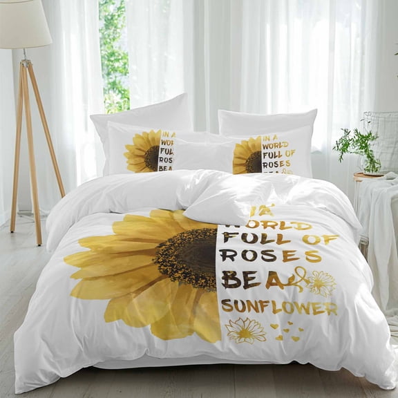 Sunflower Twin Size Comforter Set, In A World Full of Roses Be A Sunflower Gold Floral Bedding for All Seasons, 4 Pcs Bed Set, 1 Quiltcover (68"x86") ,1Sheet(67"x116"), 2Pillowcases (30"x20")