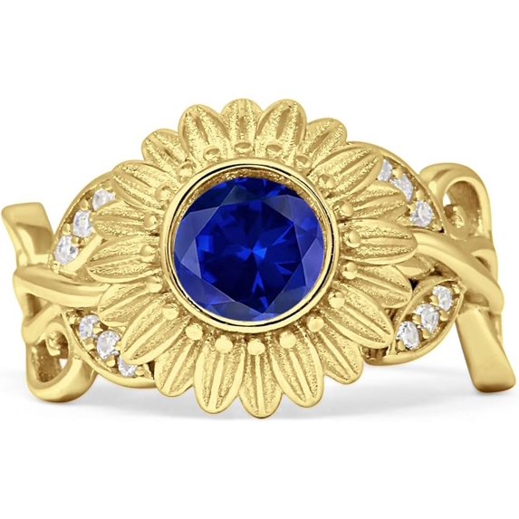 Sunflower Twisted Vine Leaf Ring Blue Sapphire Cubic Zirconia Yellow Tone 925 Sterling Silver, Size 9