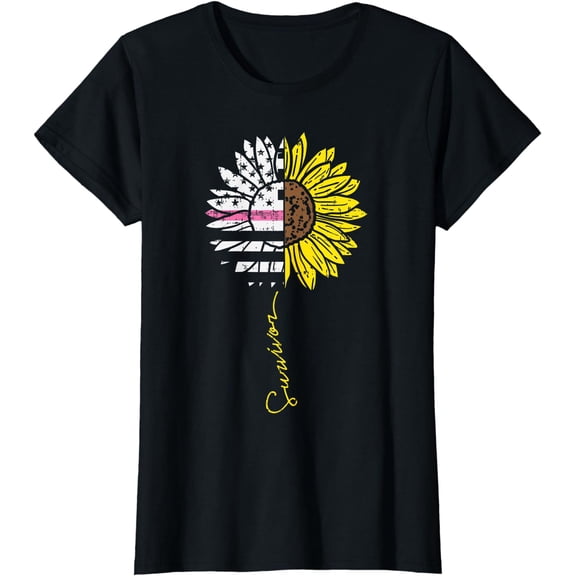 Sunflower US Flag Pink Breast Cancer Survivor Women T-Shirt
