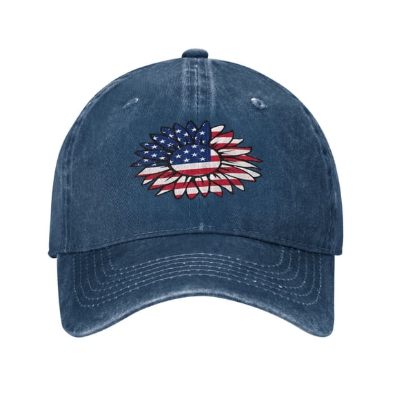 Sunflower USA Flag Baseball Cap Golf Dad Hat Adjustable Washed Denim Trucker Hats Unconstructed Snapback Cap for Men Women Unisex Adult,Navy