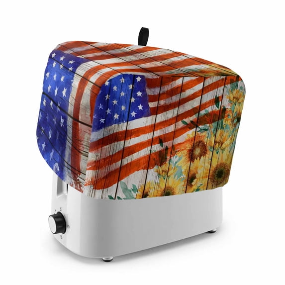 Sunflower USA Flag Toaster Cover 4 Slice, Independence Day Floral Wooden Dustproof Bakeware Oven Protector with Top Hook, Waterproof Small Kitchen Appliance Toasters Dust Cover, 12"x11"x8"