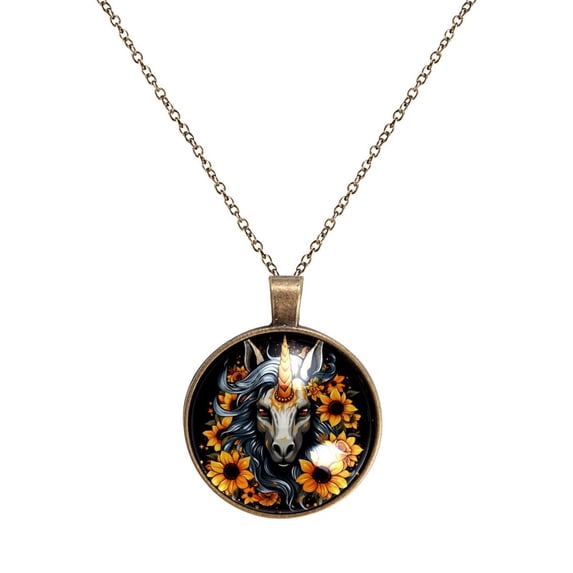 Sunflower Unicorn Necklace Personalized Custom Photo Round Pendant Adjustable Stainless Steel Necklaces with Gift Box for Men Women Mothers Valentine's Jewelry Gift