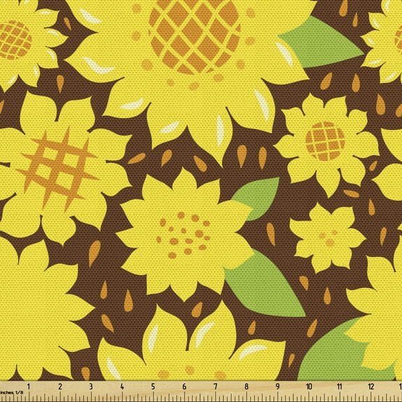 Sunflower Upholstery Fabric by the Yard, Continuous Pattern with Simplistic Cartoon Flowers, Decorative Fabric for DIY and Home Accents, 2 Yards, Yellow Brown by Ambesonne