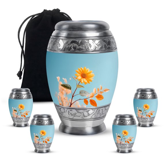 Sunflower Urn - Blur Cremation Urn for Adult Male & Female - Autumn Leaves Funeral Urns for Human Ashes - Memorial Combo of 5 With 10 Inch Large and 3 Inch Keepsake Urn