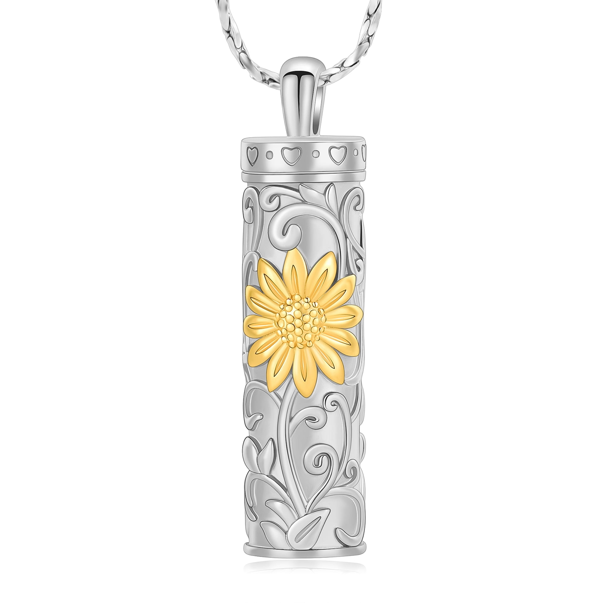 Sunflower Bee Cremation Urn Necklace - 925 Sterling Silver, Holds Ashes, Memorial Pendant