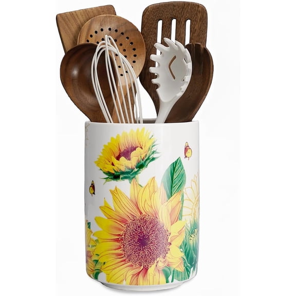 Sunflower Utensil Holder 6.7" Large Crock Ceramic Cooking Holder for Kitchen Counter Organizer Decor