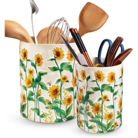 Sunflower Utensil Holder, 7.1"+5.4" Ceramic Utensil Holder for Kitchen Counter, Cooking Utensil Crocks for Countertop, Utensil Storage Container Organizer for Spoon, Sunflower Farmhouse Kitchen Decor