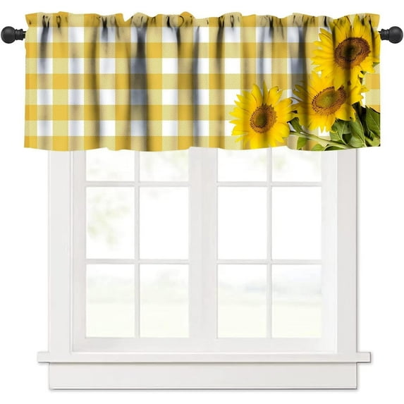 Sunflower Valance Curtain Sunflower on Buffalo Check Yellow and White Rod Pocket Valance Window Treatments 1 Panel Short Curtains for Kitchen Farmhouse Bathroom Bedroom 54 x 18 in