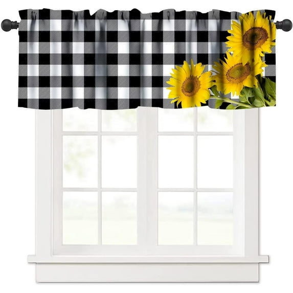 Sunflower Valance Curtain Sunflower on Farm Buffalo Check Plaid Black and White Rod Pocket Valance Window Treatments 1 Panel Short Curtains for Kitchen Farmhouse Bathroom 54 x 18 in