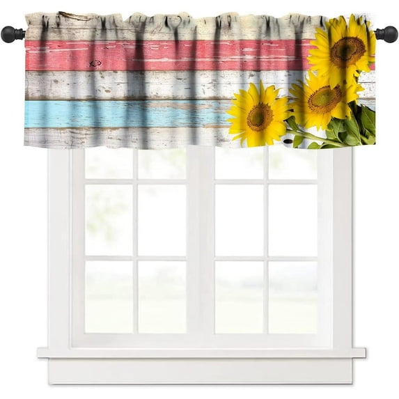 Sunflower Valance Curtain Sunflower on Vintage Colorful Wooden Boards Rod Pocket Valance Window Treatments 1 Panel Short Curtains for Kitchen Farmhouse Bathroom Bedroom 54 x 18 in