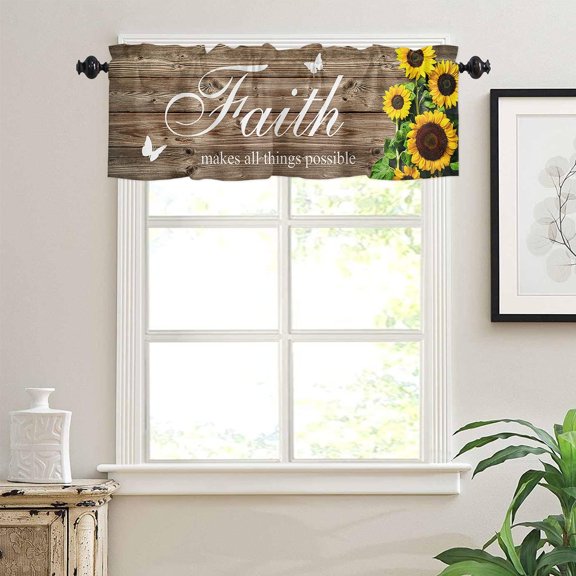 Sunflower Valances for Bathroom, Faith Makes All Things Possible Sunflower Inspirational Quotes Rustic Wooden Rod Pocket Window Treatments Kitchen Valance for Bedroom Living Room,54x18 inch