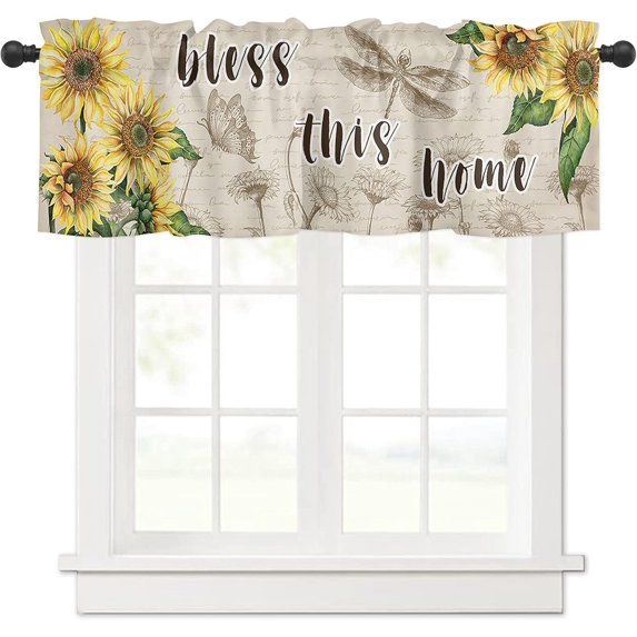 Sunflower Valances, Bless This Home Summer Sunflower Butterfly Dragonfly Vintage Rod Pocket Cafe Valance Short Window Curtains Valances for Kitchen, Bedroom, Living Room, 1 Panel, 54"X18"