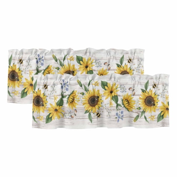 Sunflower Valances for Windows, Decorative Rod Pocket Window Valance Curtains, Botanical Flowers Floral Bee Butterfly Wooden Short Curtain Drapes for Kitchen/Living Room, 2 Panels, 42" W x 18" L