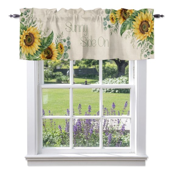 Sunflower Valances for Windows Summer Sunny Side Script Floral Eucalyptus Leaf Linen Texture Rod Pocket Light Filtering Short Window Treatments Curtains for Kitchen Bathroom, 1 Panel, 42 x 12 Inch