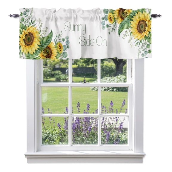 Sunflower Valances for Windows Summer Sunny Side On Script Floral Green Eucalyptus Leaf Rod Pocket Light Filtering Short Window Treatments Curtains for Kitchen Bathroom Bedroom, 1 Panel, 56 x 16 Inch