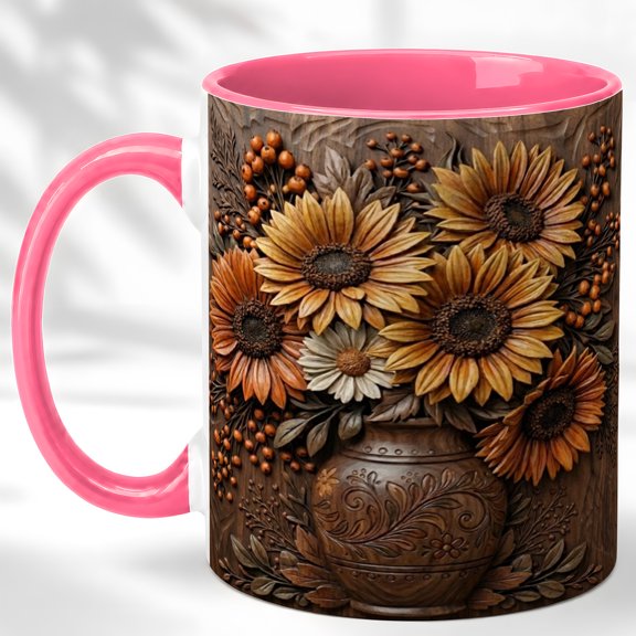 Sunflower Vase Coffee Mug, Rustic Floral Mug, Ceramic 11 oz
