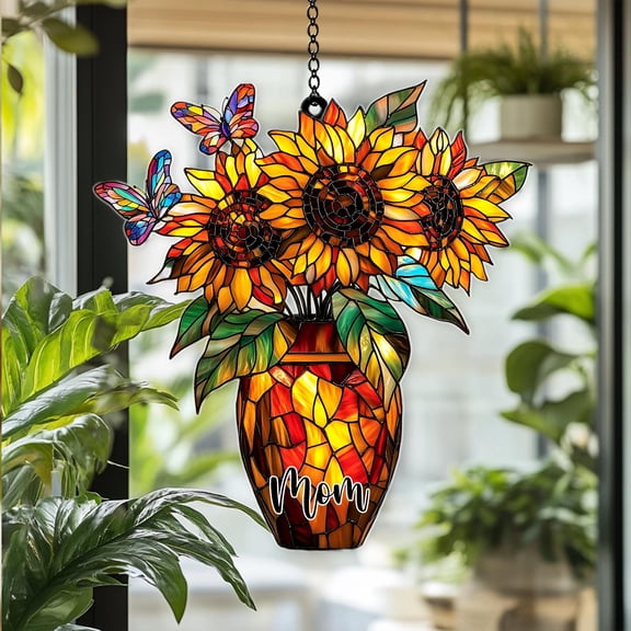 Sunflower Vase Wavy Acrylic Suncatcher, Faux Stained Glass Sunflower Window Hanging, Bright Floral Butterfly Garden Decor for Motherâ€™s Day Gift