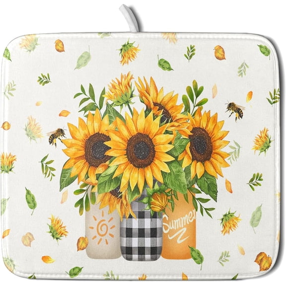 Sunflower Vases Dish Drying Mat for Countertop, 16"x18" Summer Bee Floral Mason Jar Dish Drainer Mats, Fast Dry Microfiber Reversible Small Dish Drying Pad Kitchen Decoration