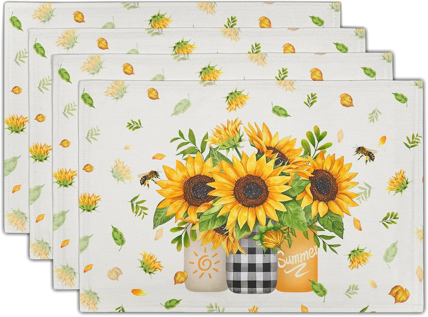 Sunflower Vases Placemats Set of 4 Summer Bee Yellow Floral Mason Jar ...