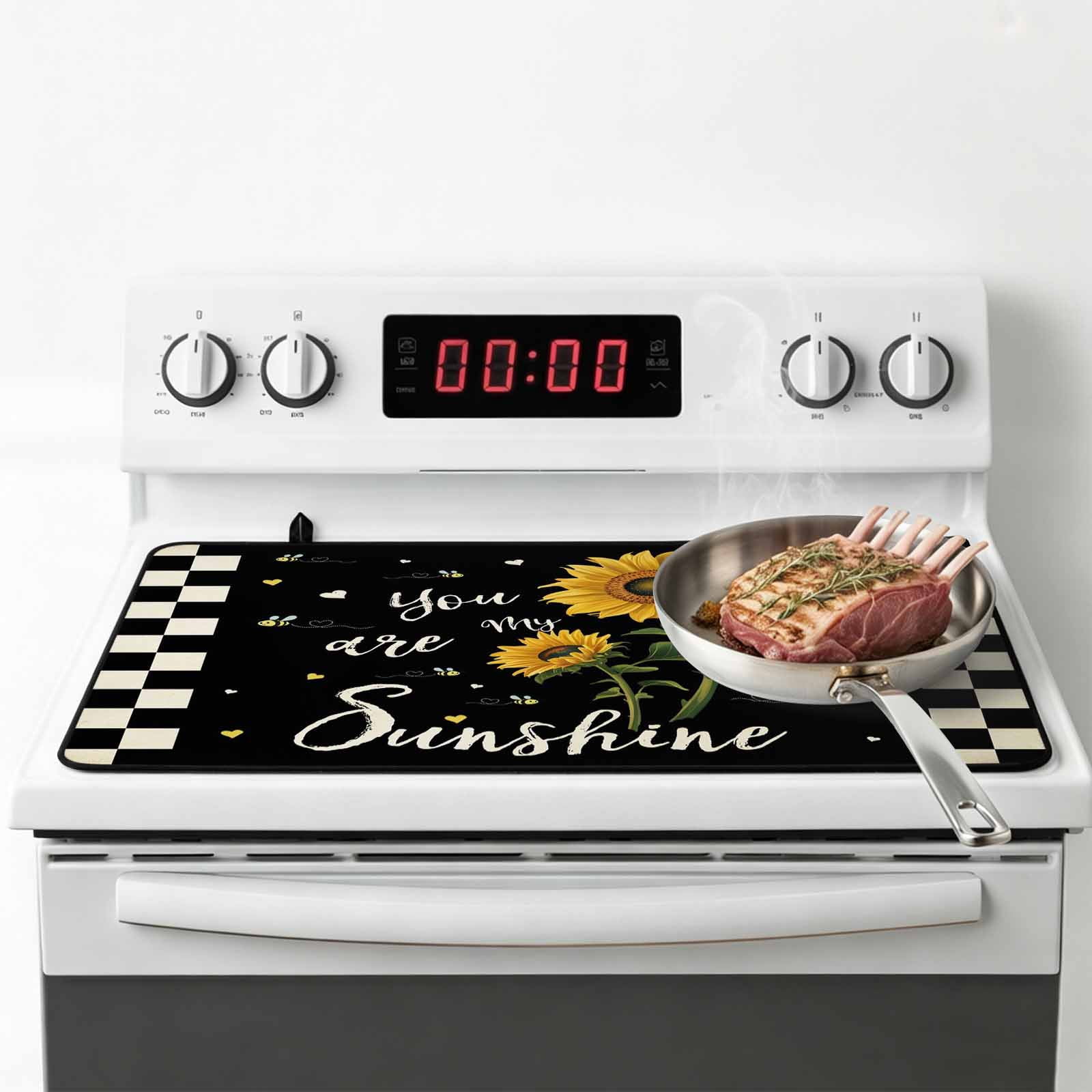 Sunflower Vingra Stove Top Cover for Electric Stove, Heat-proof & Non Slip Glass Top Stove Cover Protector, Farmhouse Garden Floral Bees Plaid Kitchen Flat Cooktop Rubber Mat 24x21 Inches