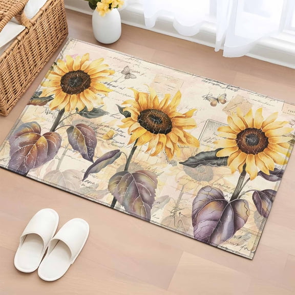Sunflower Vintage 2x3 Door Mat Rug, Farmhouse Botanical Floral Butterfly Non-Skid Rubber Backing Large Rectangle Rugs - Living Room Bedroom Home Office, Indoor Floor Mat Carpets Washable Rug