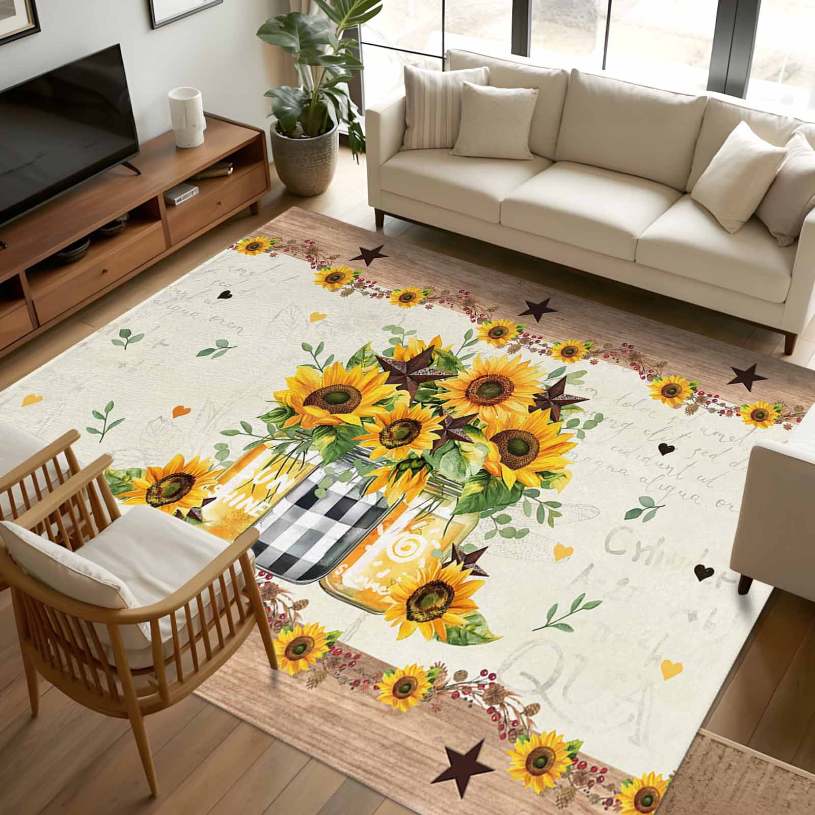 Sunflower Vintage 5x8 Area Rugs, Farmhouse Floral Botanical Brown Wooden Non-Skid Rubber Backing Large Rectangle Rugs - Living Room Bedroom Home Office, Indoor Floor Mat Carpets Washable Rug