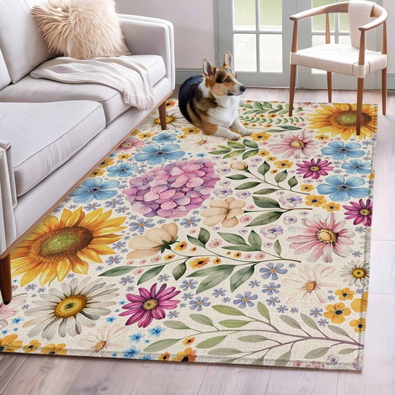 Sunflower Vintage Area Rugs 2.7'x5', Small Throw Rugs for Kitchen Bedroom, Colorful Flowers Summer Botanical Retro Art Indoor Outdoor Rug Non-Slip Low Pile Carpet Runner Reversible Floor Mats