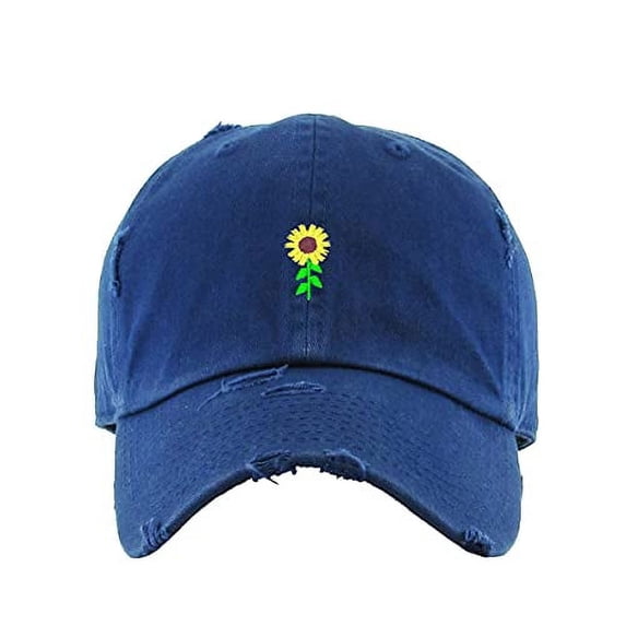 Sunflower Vintage Baseball Cap Embroidered Cotton Adjustable Distressed Dad Hat Navy