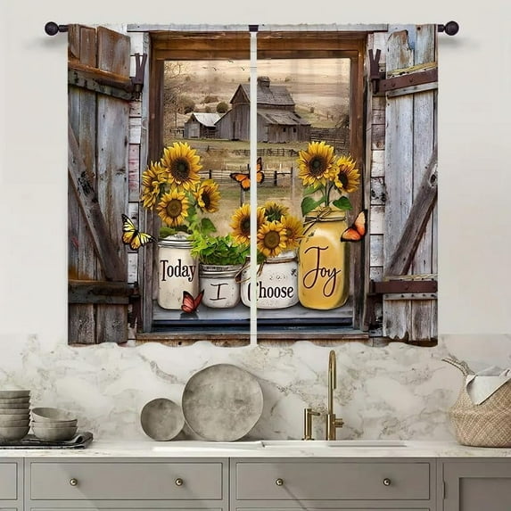 Sunflower Vintage Country Kitchen Curtains 27.5W X 36L Inch 2 Panels Rod Pocket-Brown Old Barn Door Butterfly Short Cafe Tier Curtains-Wood Floral Bathroom Window Drapes Treatment Home Decor