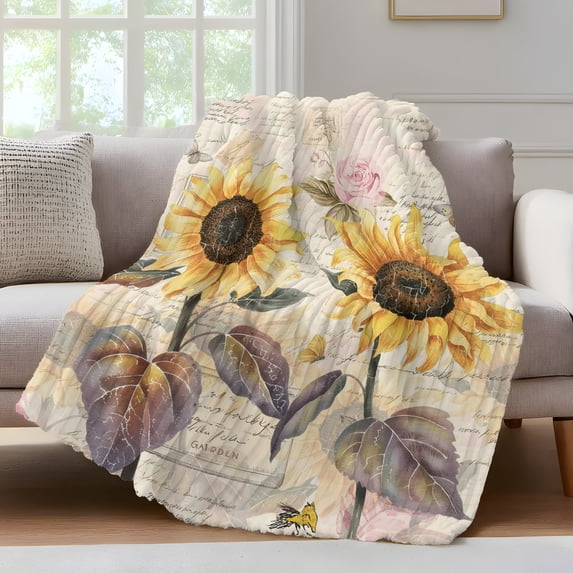 Sunflower Vintage Fleece Throw Blanket for Couch, Farmhouse Botanical Floral Butterfly Microfiber Flannel Blanket for All Season, Lightweight Soft Throw Blankets for Gifts, Home Decor, 32"x47"