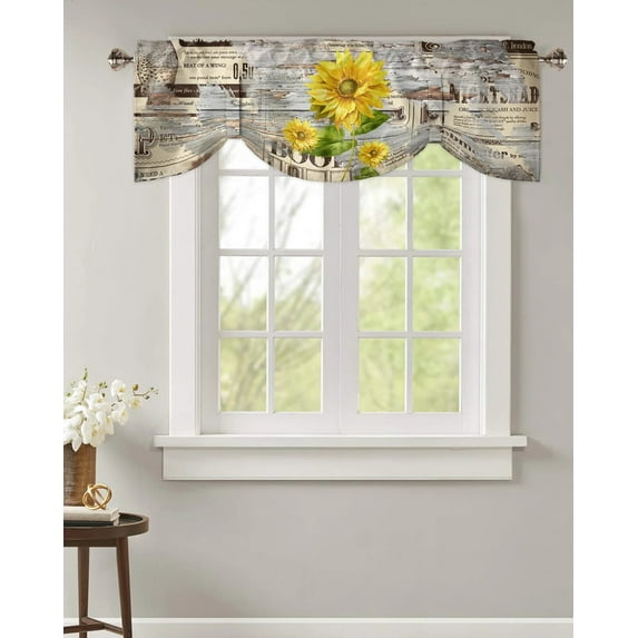 Sunflower Vintage Newspaper Wood Grain Small Curtain Rod Pocket Short Curtains Home Decor Partition Cabinet Door Window Curtains