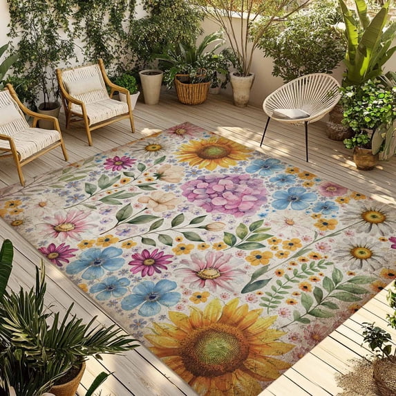Sunflower Vintage Outdoor Rug for Patio/Deck/Porch, Non-Slip Large Area Rug 3 x 5 Ft, Yellow Floral Summer Botanical Retro Art Indoor Outdoor Rugs Washable Area Rugs, Camping Rug Carpet Runner