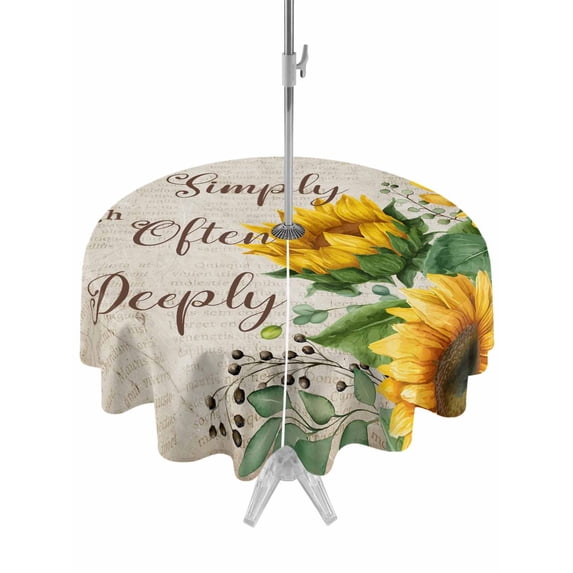Sunflower Vintage Outdoor Tablecloth with Umbrella Hole, Rustic Retro Floral Spring Summer Spillproof Waterproof Outdoor Table Cover, Patio Tablecloths for Party/Garden/Picnic, Round 60 inch