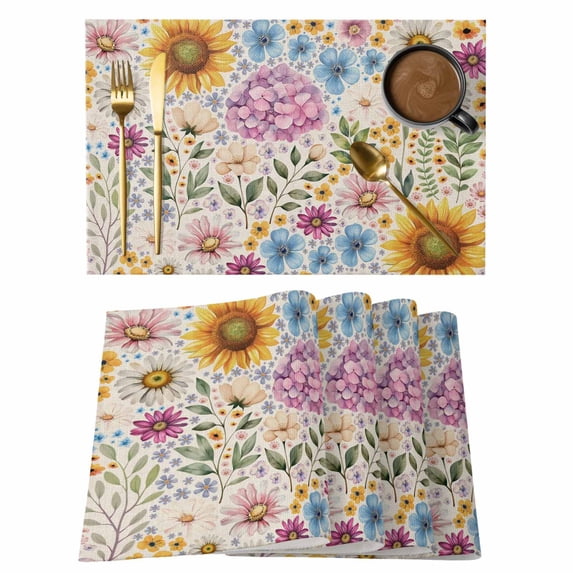 Sunflower Vintage Placemats Set of 6, Colorful Flowers Summer Botanical Retro Art Placemats for Dining Table, Place Mats for Kitchen Tabletop, Waterproof Wipeable Dining Table Mats Set