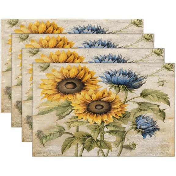 Sunflower Vintage Postcard Placemats Set of 4 Linen Fabric Place Mats Heat Resistant Machine Washable Placemats Non-Slip Place Mat for Kitchen Dining Table
