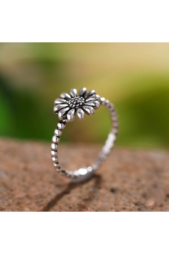Sunflower Vintage Ring 925 Sterling Silver Adjustable Opening Jewelry For Dainty Fingers With Sunflower Motif Stylish