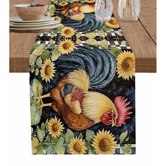 Sunflower Vintage Rooster Burlap Cotton Table Runner 13x60 Inches Long, Farmhouse Animals Watercolor Farmhouse Table Runners, Outdoor Dining Tablecloths Decor for Baby Shower/Party/Wedding
