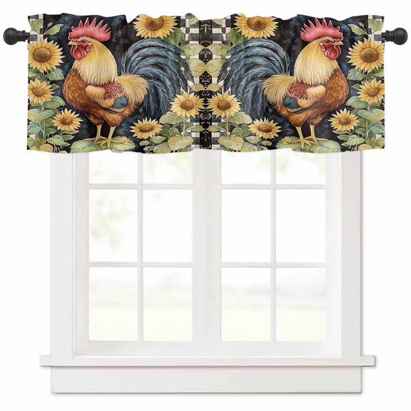 Sunflower Vintage Rooster Valances for Windows Farmhouse Kitchen Curtains Valances Rod Pocket Valance Curtains for Kitchen Windows Farmhouse Animals Watercolor Window Valances for Bathroom 60"x18"