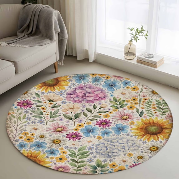 Sunflower Vintage Round Area Rug 4Ft Washable Circle Rugs for Bedroom Dining Room, Yellow Floral Summer Botanical Retro Art Non-Slip Carpet Floor Mats Indoor Outdoor Carpet Runner Home Decor