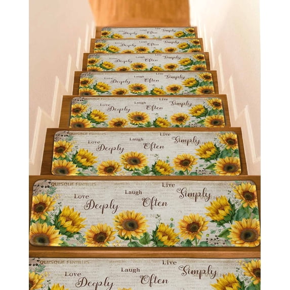 Sunflower Vintage Stair Treads Non Slip Indoor for Wooden Steps, Rustic Retro Floral Spring Summer 7 Pcs Stair Mats for Elders Dogs, 8 x 30 Inch Carpet Treads Runner Rugs for Staircase