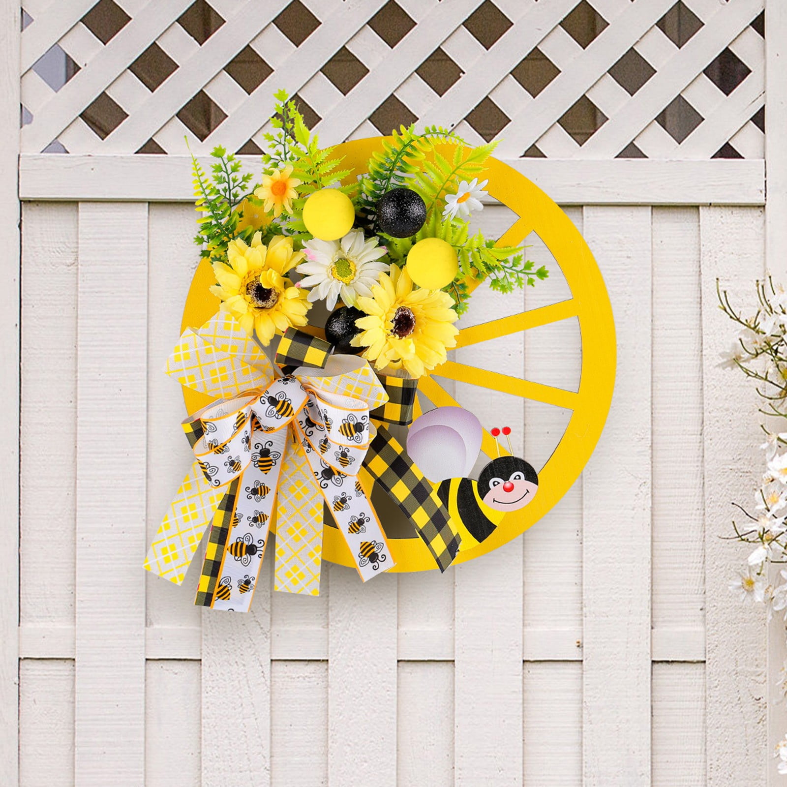 Sunflower Wagon Wheel Wreath for Front Door, Wooden Wheel Wreath with ...